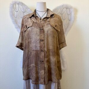 Cache 100% Silk Snakeskin Print Button Up Shirt Brown Sheer‎ Safari Top Large